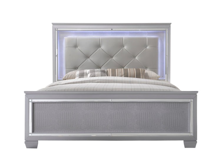 1Pc Modern Queen Led Faux Leather Upholstery Panel Bed Beveled Mirror Accents Textured Footboard Silver Beige Finish