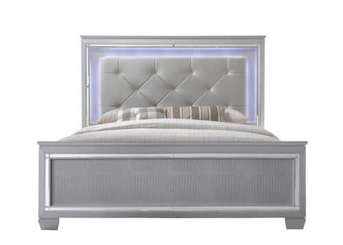 1Pc Modern Queen Led Faux Leather Upholstery Panel Bed Beveled Mirror Accents Textured Footboard Silver Beige Finish