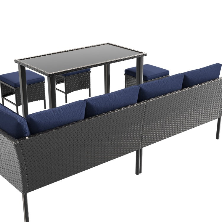 Small Space Patio Furniture 7 Piece Outdoor Furniture Set, Backyard Furniture Set, Waterproof Seat Cushion, Glass Table, Space Saving, Suitable For Backyard, Terrace Or Garden,Dark Blue