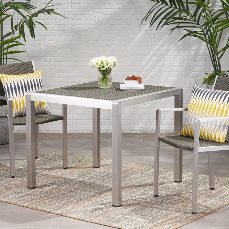 Outdoor Dining Table Anodized Aluminum Wicker Table Top Square Silver And Gray 35"