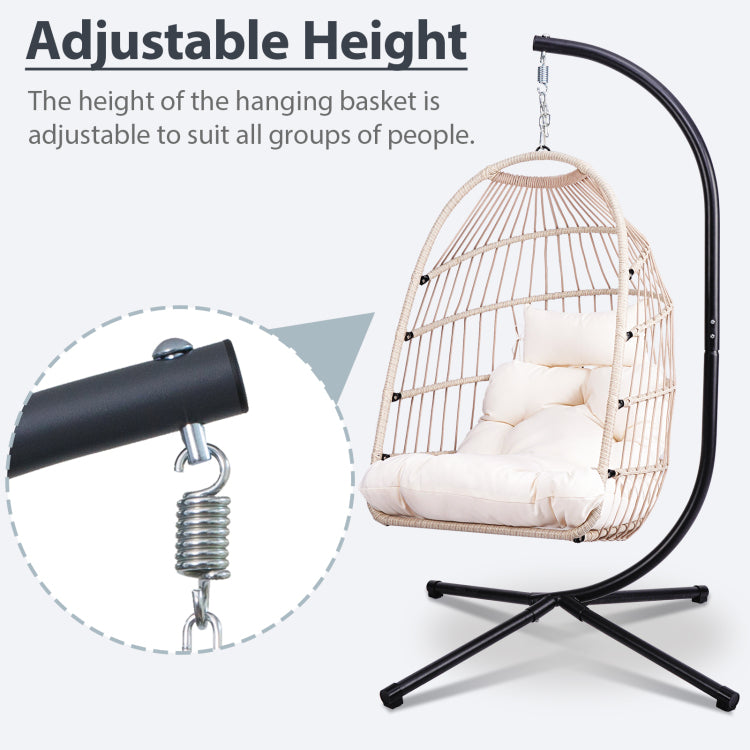 Foldable Hanging Egg Chair With Stand And Pillow, Hdpe Rattan And Heavy Duty Aluminum Steel Frame, Outdoor Patio Wicker Swing Egg Chair With Headrest And Cushioned, Beige