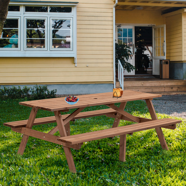 8 Person Brown Wooden Picnic Table, Outdoor Camping Dining Table With 2 Seats, Garden, Diy With 2 Built In Benches, 2220Lb Capacity