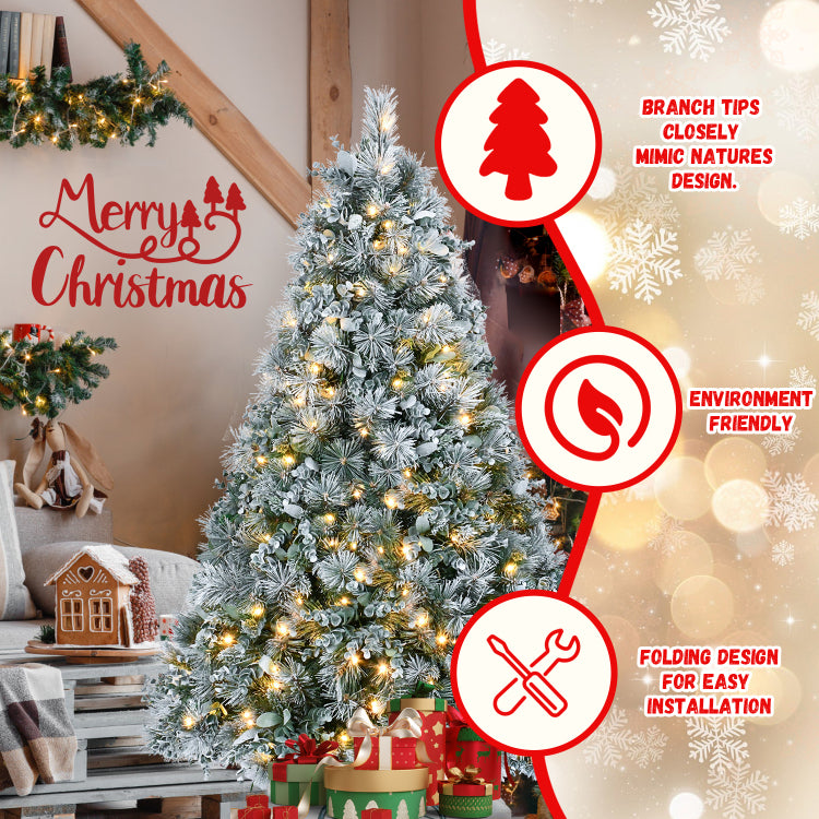 4Ft Prelit Flocked Christmas Tree With Pine Needles & Eucalyptus Leaves, 150 Warm White Led Lights, 404 Tips, Hinged Branches, Metal Stand Snowy Artificial Tree For Holiday Decor