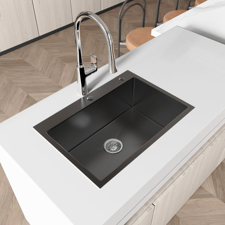 Stainless Steel Kitchen Sink, 27 X19 Single Bowl, Overmount Handmade Sink In Black, With Us Standard Drain And Hook, Ls Ssbl01