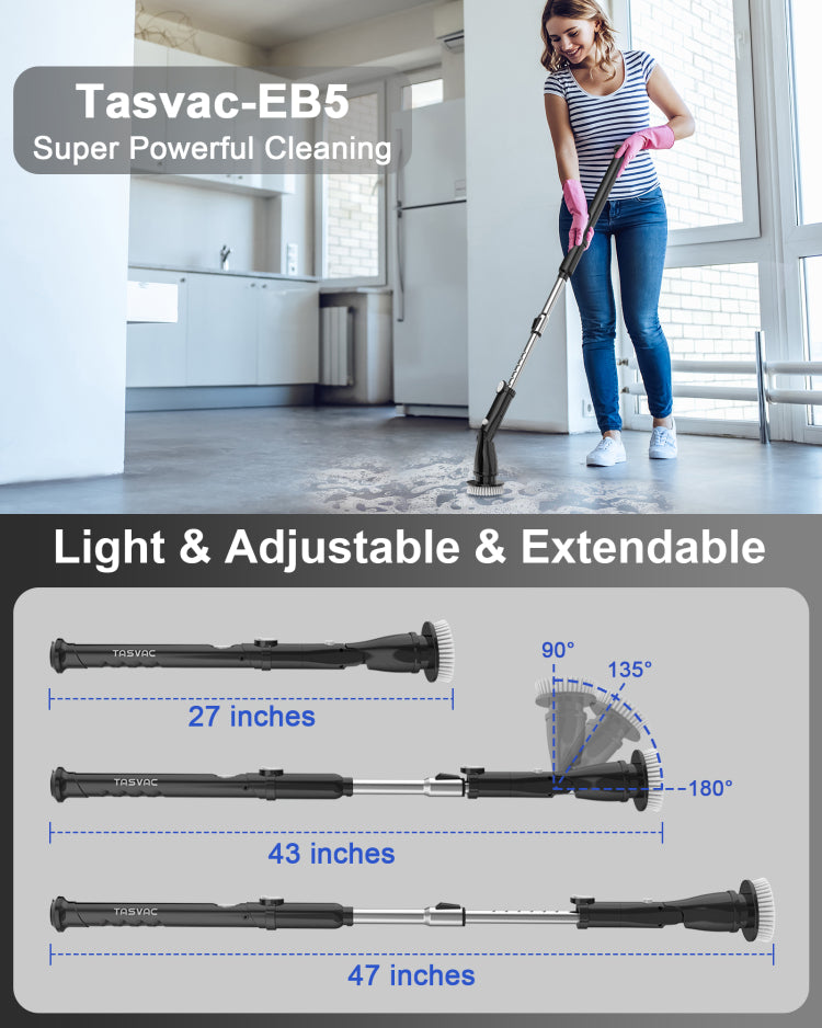 Tasvac Eb5 Black Electric Spin Scrubber, Cordless Cleaning Brush With 5 Replaceable Heads, 450 Rpm, Adjustable Telescopic Handle, 90Min Runtime