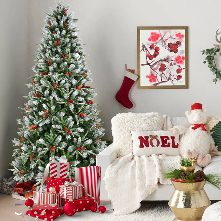 4Ft Christmas Tree With 747 Tips, Red Berries & Pine Cones Snow Dusted Pe Pvc Branches, Hinged Design For Easy Setup, Sturdy Metal Stand Full, Natural Holiday Tree Decoration