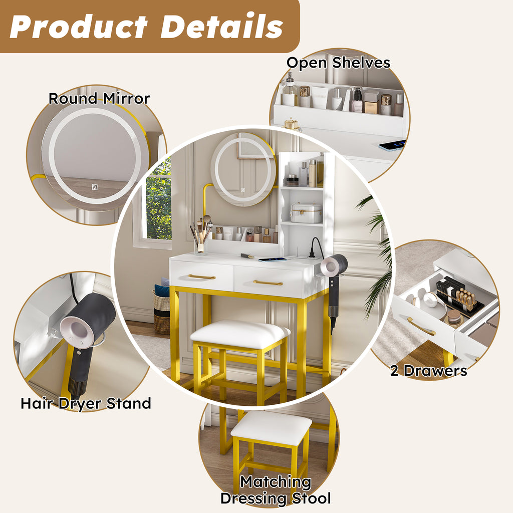 Makeup Vanity With Led Lights&3 Color And Power Outlet Makeup Vanity Table With 2 Big Drawers With Sturdy Metal Leg And Metal Chair Dressing Table For Bedroom Dressing Room White