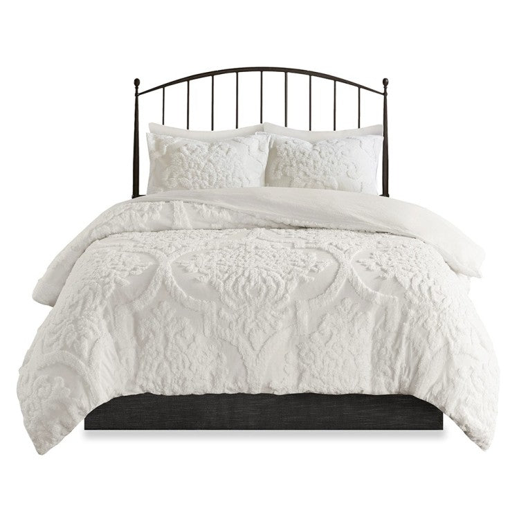 Full Queen 3 Piece Tufted Cotton Chenille Damask Duvet Cover Set