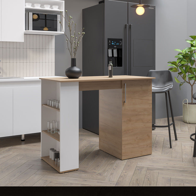 Allen 47" Wide Kitchen Island One Cabinet And Five Shelves, Bar Table, Dinning Table. Pub Table White Natural Oak