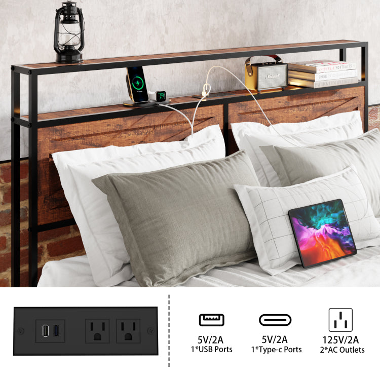Queen Bed Frame With Storage Headboard And 12 Drawers Led Lights, Metal Platform Non Slip Without Noise Mattress Foundation Strong Metal Slats Support,No Box Spring Needed