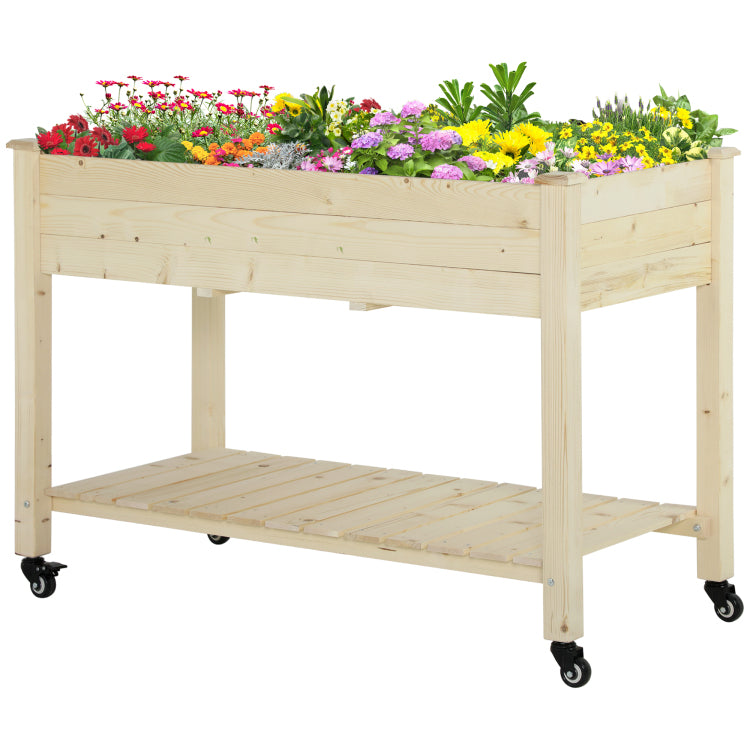 Outsunny Raised Garden Bed, 47" X 22" X 33", Elevated Wooden Planter Box W Lockable Wheels, Storage Shelf, And Bed Liner For Backyard, Patio, Natural