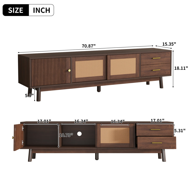 Mid Century Modern Tv Stand For 80" Tvs, Entertainment Center With Sliding Doors And Drawers, Tv Table With Storage For Living Room, Bedroom