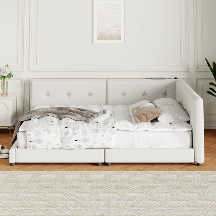 Upholstered Queen Size Platform Bed With Usb Ports, Beige