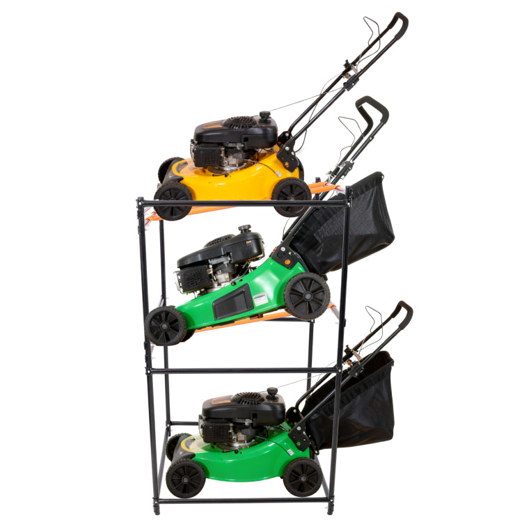 Lawn Mower Display And Storage Rack 3Pcs Lawn Mowers Storage 330Lb Load Capacity Black&Orange Color