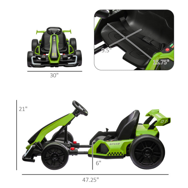 Aosom 24V 7.5 Mph Electric Go Kart With Adjustable Seat, Drifting Car Battery Powered Ride On Toy Outdoor With Slow Start, Button Start, Music, Honking Horn, Lights, For 6 12 Years Old, Green