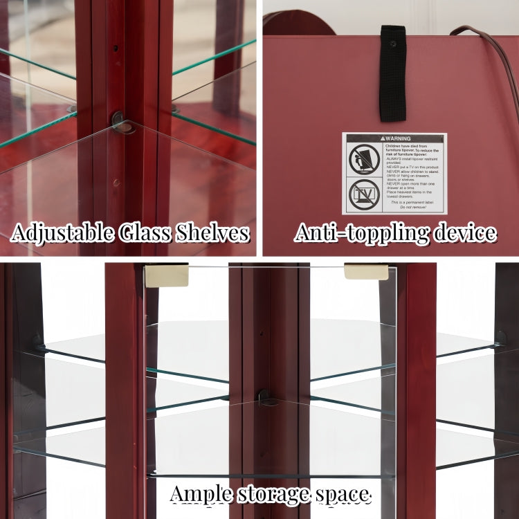 Glass Cabinet Lighted Corner Cabinet Corner Display Curio Cabinet, Glass Display With Light Included Bar Cabinet,Wine Cabinet With Adjustable Glass Shelves Carved Decoration Cherry Light Included