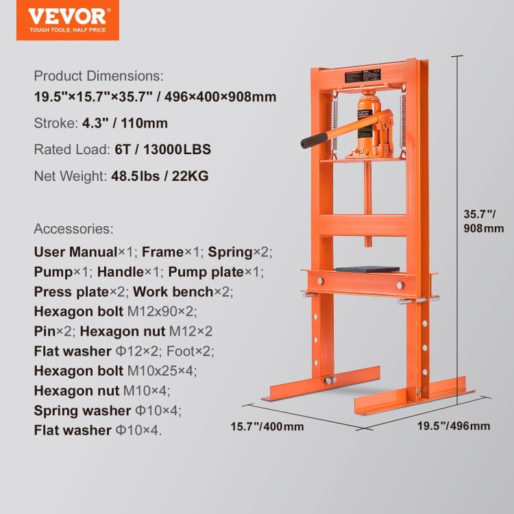 Hydraulic Shop Press, 6 Ton H Frame Hydraulic Garage Shop Floor Press, Adjustable Shop Press With Press Plates, Heavy Duty Hydraulic Press For Garage, Shop, Workshop
