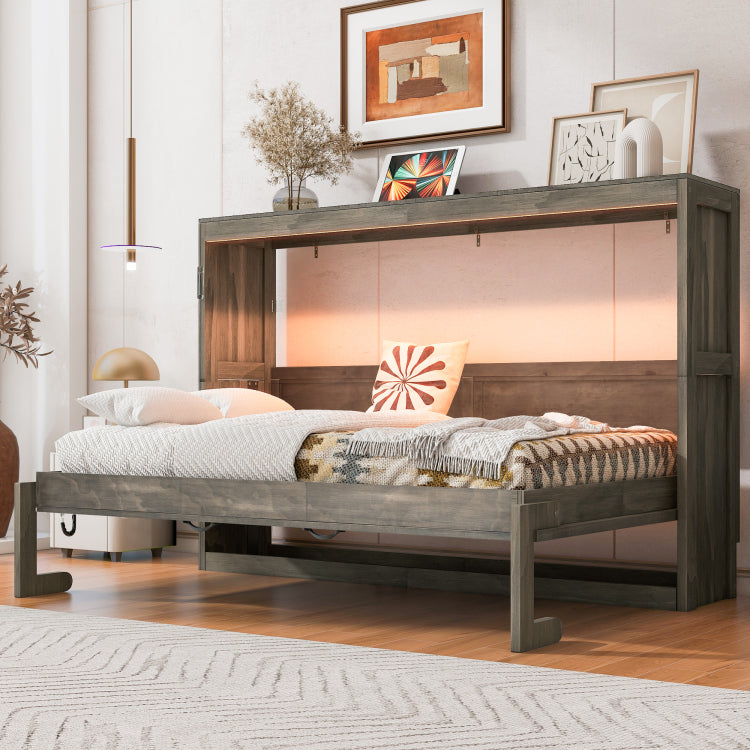 Twin Size Murphy Bed With Led Light,Can Be Folded Into A Cabinet,Hidden Wall Bed Cabinet,Brown