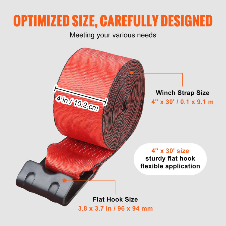Winch Straps, 4" X 30', 6000 Lbs Load Capacity, 18000 Lbs Breaking Strength, Truck Straps With Flat Hook, Flatbed Tie Downs Cargo Control For Trailers, Farms, Rescues, Tree Saver, Red 10 Pack