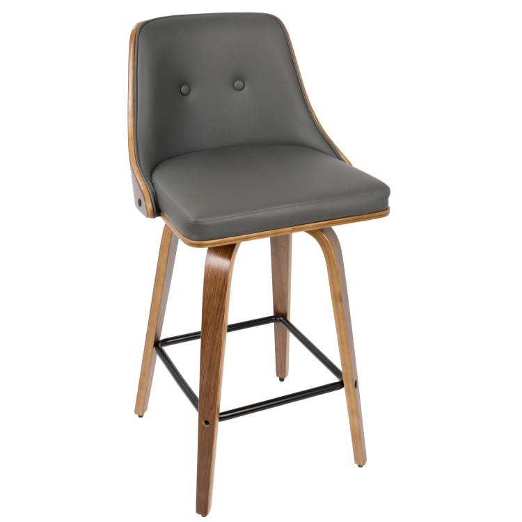 26" Mid Century Modern Counter Stool In Walnut With Grey Faux Leather Set Of 2