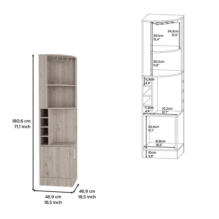 Corner Bar Cabinet 71" H, With Two Shelves At The Top, 1 Glass Holder, 8 Exterior Bottle Racks, 1 Central Shelf And A Lower Drawer With 2 Side Doors, Light Gray