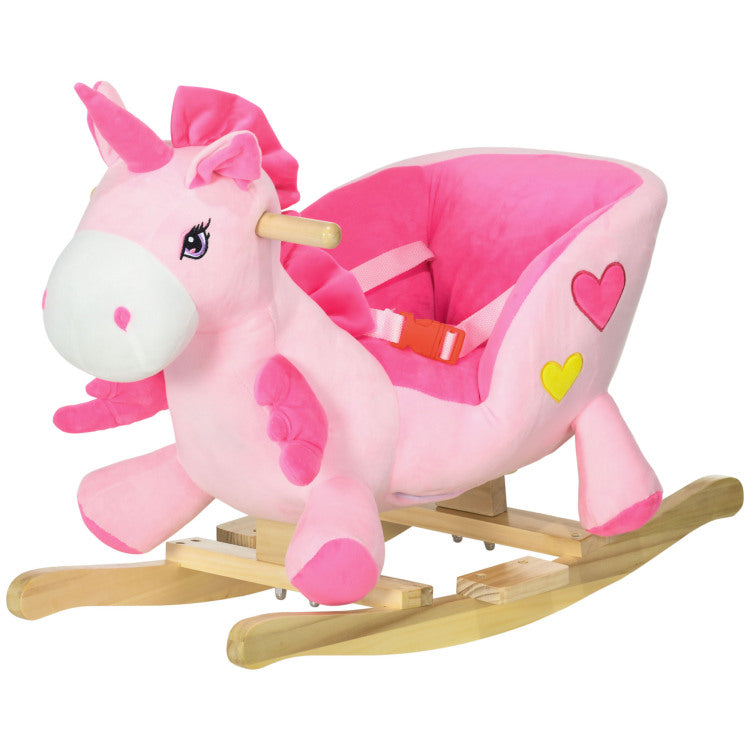 Qaba Baby Rocking Horse, Ride On Unicorn With 32 Songs, Toddler Rocker Toy With Wooden Base Seat Safety Belt For 1.5 3 Year Old, Pink