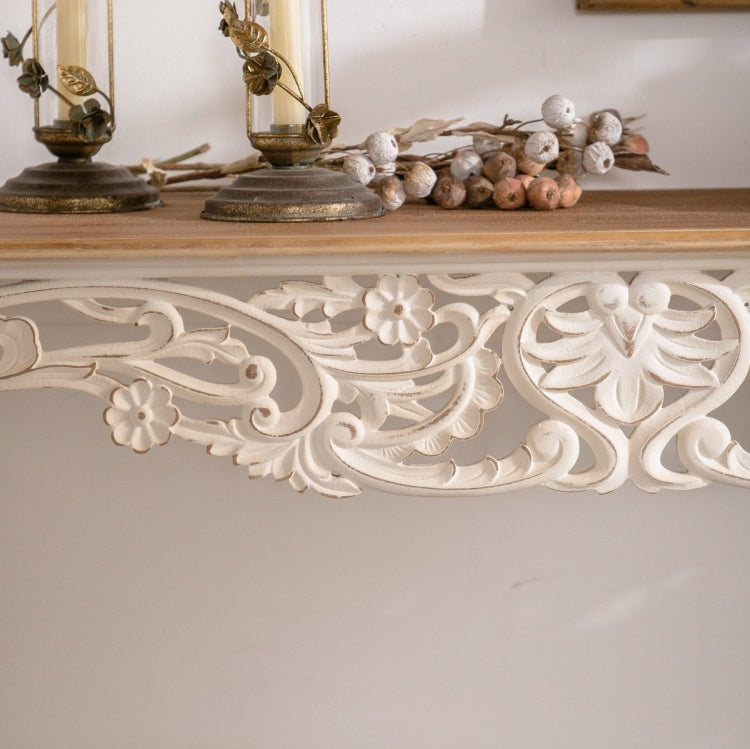 43.31" French Country Carved Console Table Antique White Distressed Solid Wood & Mdf Entry Table With Curved Legs For Hallway Living Room