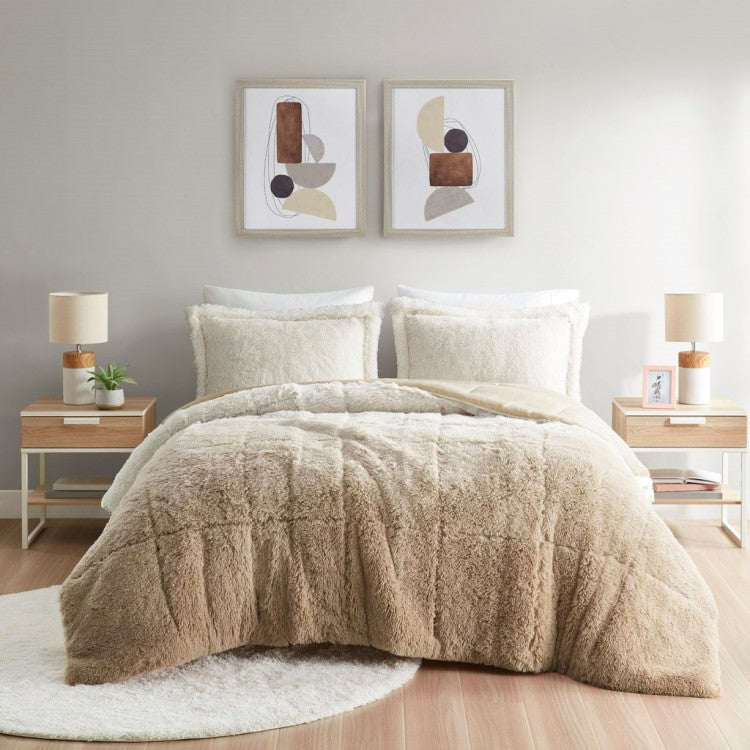 King Cal King Ombre Shaggy Long Fur Comforter Mini Set