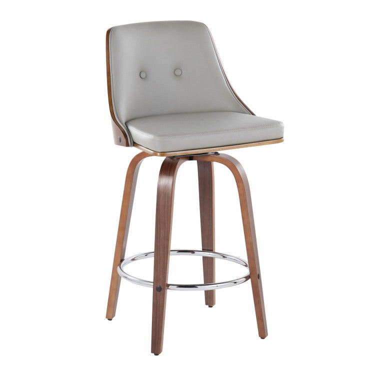 26" Mid Century Modern Fixed Height Counter Stool With Swivel In Walnut Wood And Light Grey Faux Leather With Round Chrome Metal Footrest Set Of 2