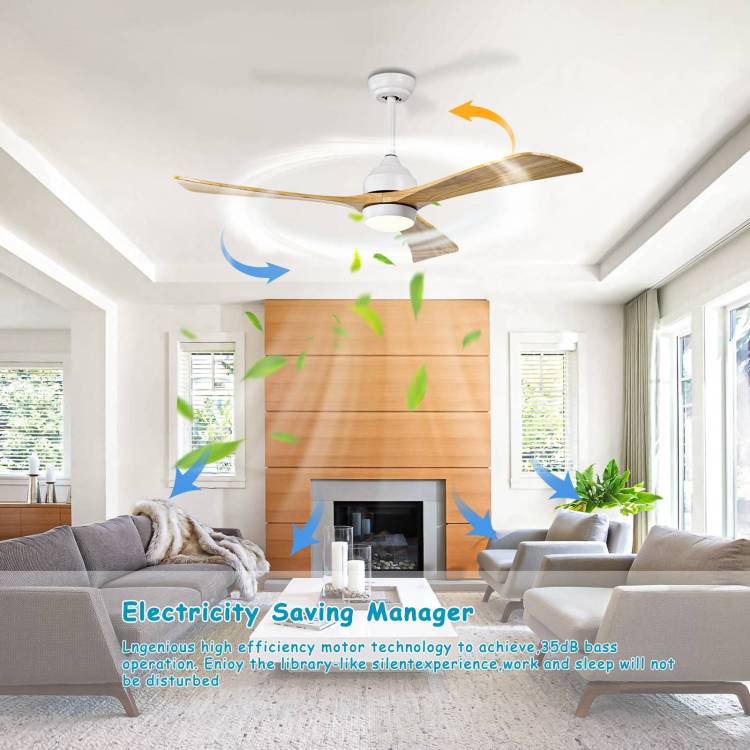 52" Solid Wood Blades With Lights Remote Control,Quiet Dc Motor 3 Blade S 6 Speed Levels,Reversible , For Patio Living Room, Bedroom, Office,Indoor. White Natural