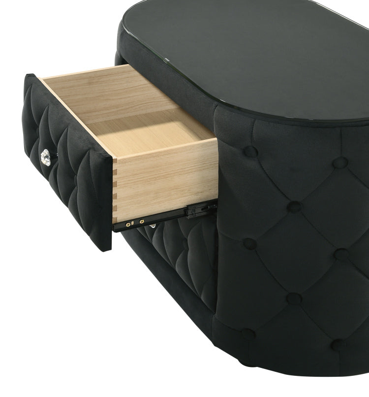 Luxurious 1Pc Oval Nightstand Plush Tufted Upholstery 8Mm Tempered Glass Top Rounded Sides Two Storage Drawers Sparkling Knobs Wooden Bedroom Furniture Black