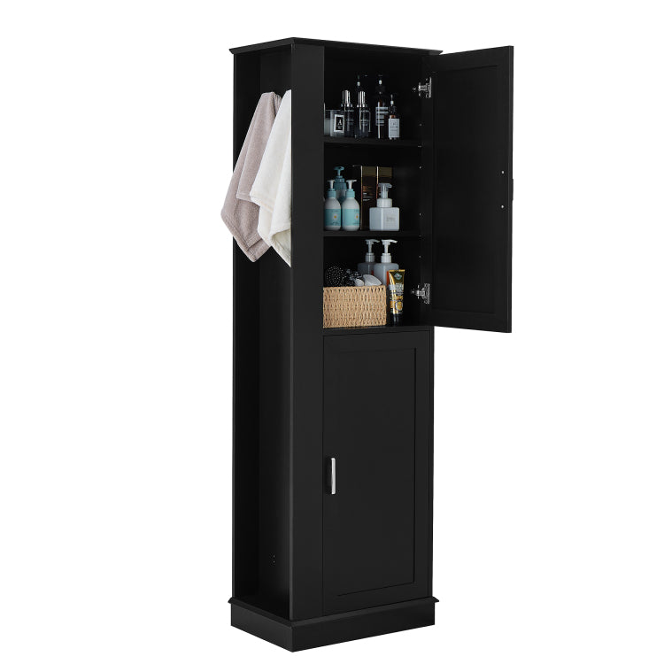 Tall Bathroom Storage Cabinet, Freestanding Storage Cabinet With Hook And Adjustable Shelf, Mdf Board, Black