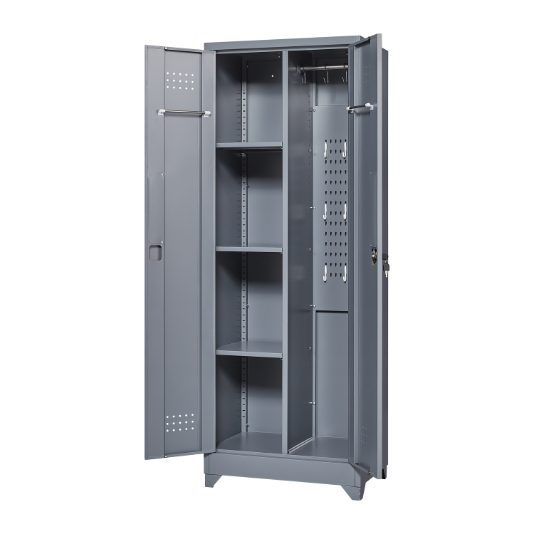 Broom Storage Cabinet With Locking Doors And Shelves, 65" H Metal Storage Cabinet With Hanging Rod & S Hooks, Cleaning Tool Storage Cabinet Grey