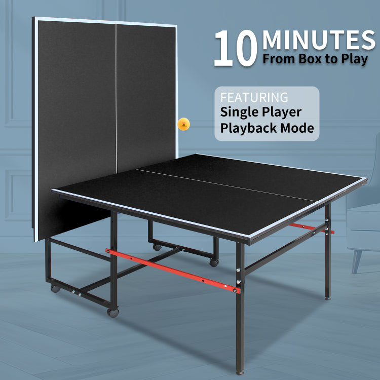 8Ft Black Mid Size Table Tennis Table Foldable & Portable Ping Pong Table Set For Indoor Games With Net, 2 Table Tennis Paddles And 3 Balls