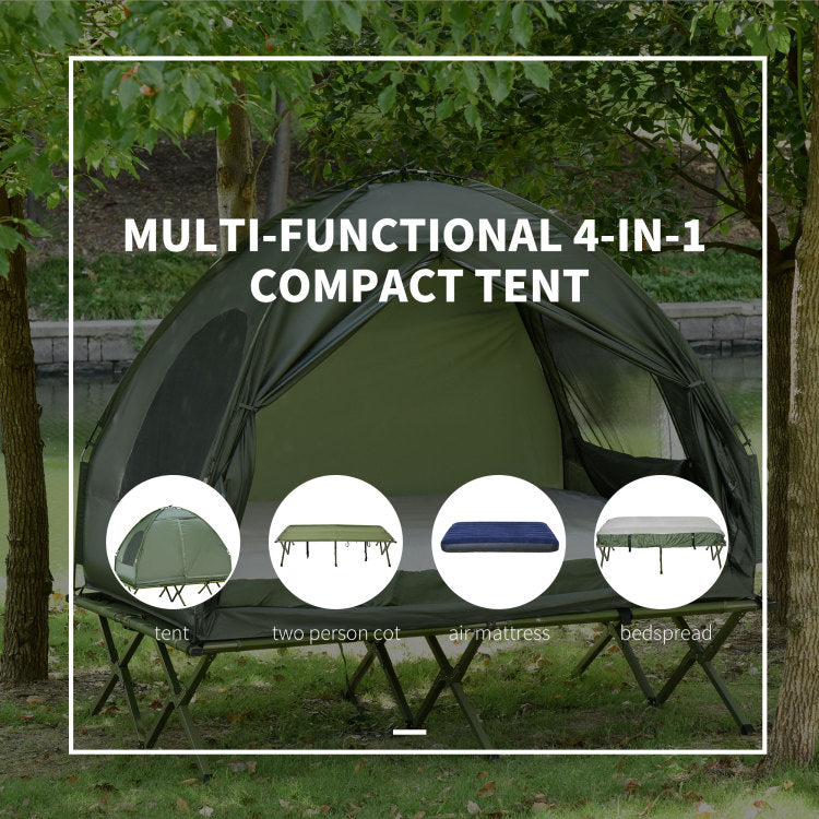 Outsunny 2 Person Foldable Camping Cot With Tent, Bedspread And Thick Air Mattress, 4 In 1 Elevated Camping Bed Tent For Outdoor Hiking, Picnic, Travel