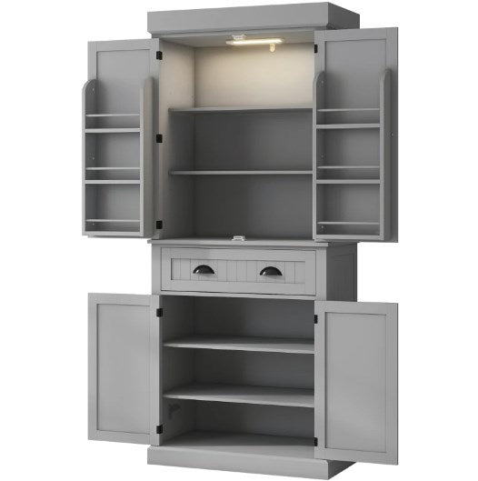 Modern Style Kitchen Pantry Cabinet With Led Lights,Door Shelves,Drawer And Adjustable Shelves