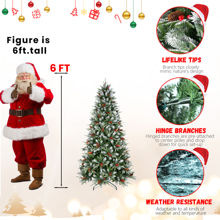 4Ft Christmas Tree With 747 Tips, Red Berries & Pine Cones Snow Dusted Pe Pvc Branches, Hinged Design For Easy Setup, Sturdy Metal Stand Full, Natural Holiday Tree Decoration