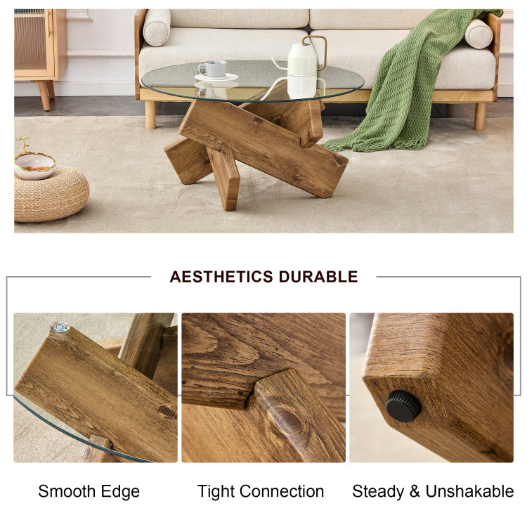 Circular Glass Coffee Table, 33.4 Inch Modern And Distinctive Design Tea Table. Tempered Glass Countertop, Wood Colored Mdf Table Legs. Suitable For Living Rooms And Farmhouses