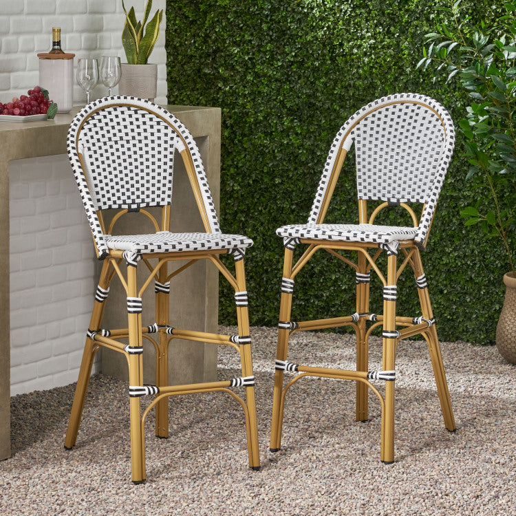 29.5" Outdoor Pe Rattan French Barstool, White And Black, Aluminum Frame With Bamboo Finish Set Of 2