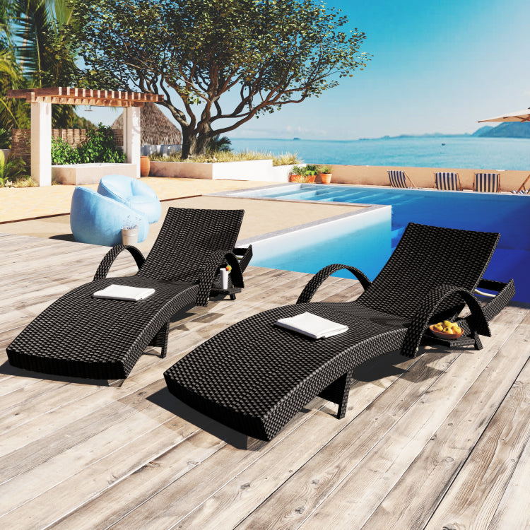K&K 80'' Outdoor Wicker Chaise Lounge Chairs Set Of 2, Patio Rattan Reclining Chair Pull Out Side Table W 5 Level Adjustable Backrest Ergonomic Wave Design Pool Sunbathing Recliners, Black