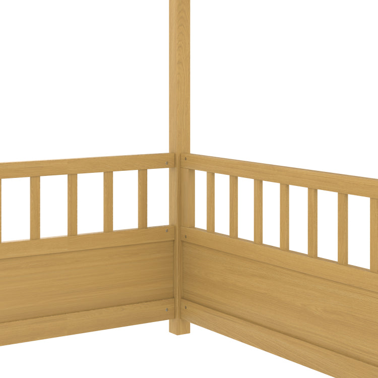 Full Size Floor Wooden Bed With House Roof Frame, Fence Guardrails Full,Natural