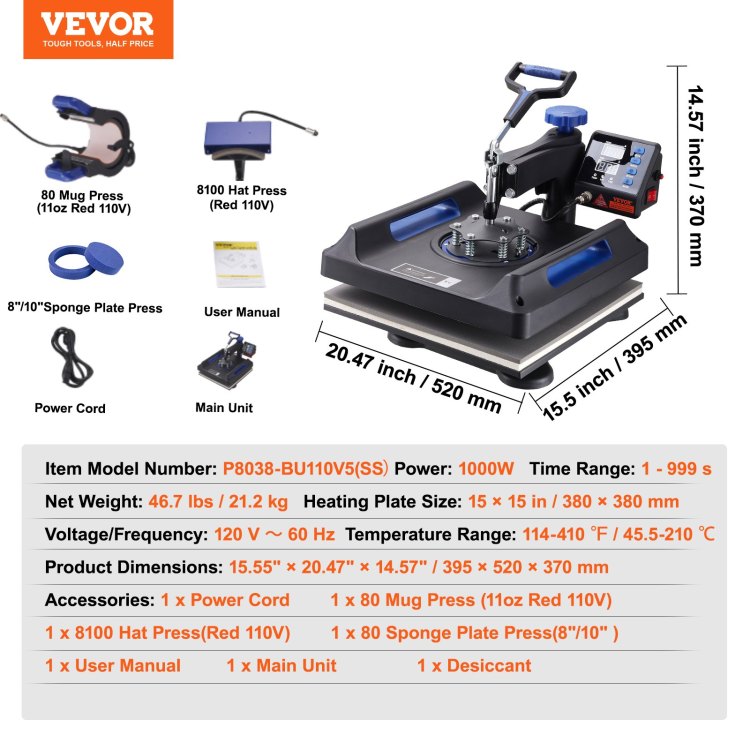 Heat Press 15X15, Upgraded Heat Press Machine 5 In 1, Anti Scald, Fast Heating, Swing Away Digital Control Multifunction Heat Press For Sublimation Combo For T Shirt Hat Cap Mug Plate