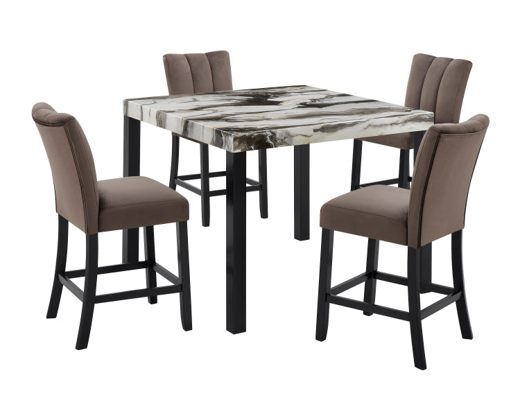 1Pc Counter Height Dining Table Square Striking Faux Marble Top Sleek Black Finished Legs Bold Contrast Wooden Dining Room Furniture Contemporary Modern White Brown