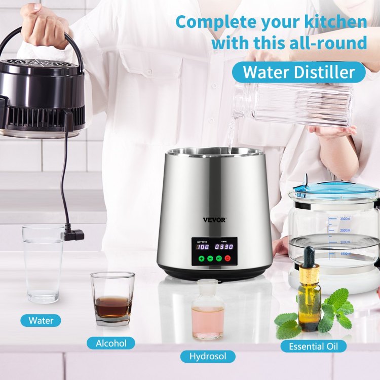1.1 Gal Water Distiller, 0.3 Gal H, 750W Distilled Water Maker Machine 0 99H Timing Set Temp Display, 304 Stainless Steel Countertop Distiller Glass Carafe Cleaning Powder 3 Carbon Packs, Silver