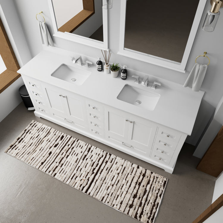 White Double Bath Vanity 84 In. W X 22 In. D, White Quartz Top, And Faucet Set