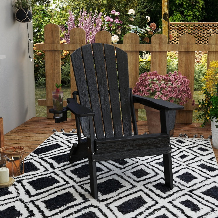 Hdpe Folding Adirondack Chair Wood Texture, Patio Adirondack Chair Weather Resistant, Plastic Fire Pit Chair With Cup Holder, Lawn Chair For Outdoor Porch Garden Backyard Deck