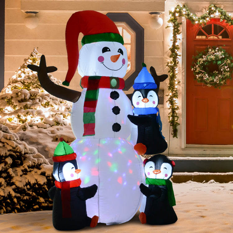 Homcom 6' Christmas Inflatables Outdoor Decorations Snowman With Penguins, Blow Up Yard Christmas Decor With Led Rotating Colorful Light