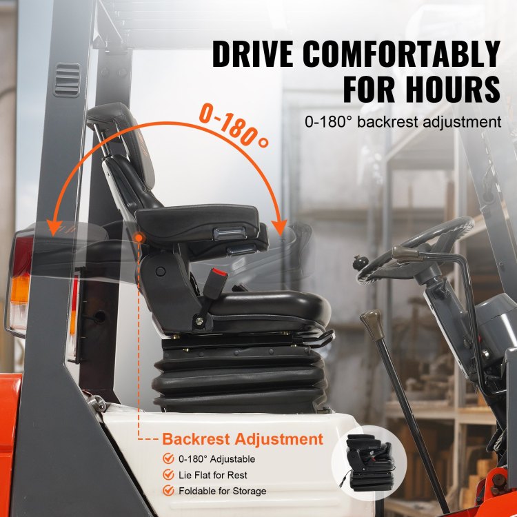 Universal Tractor Seat Suspension, Fold Down Forklift Seat With Adjustable Angle Back, Micro Switch, Seatbelt And Armrests, 3 Level Shock Absorption Tractor Seat For Tractor Loader Excavator
