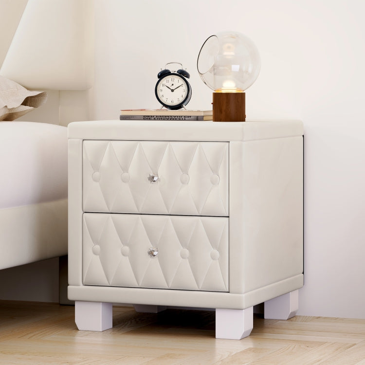 Elegant Velvet Nightstand With 2 Drawers And Crystal Handle, Storage Bedside Table With Button Tufted, Beige
