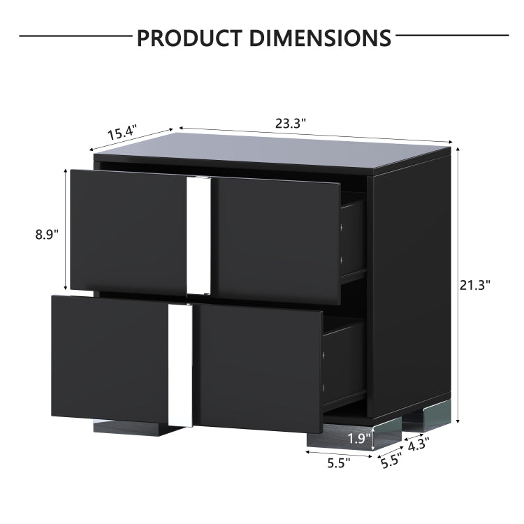 Elegant Nightstand With Metal Foot, Mirrored Bedside Table With 2 Drawers For Bedroom, Living Room, Black
